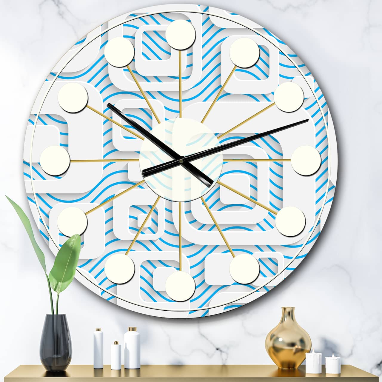 Designart '3D White And Blue Pattern I Mid-Century Modern Wall Clock
